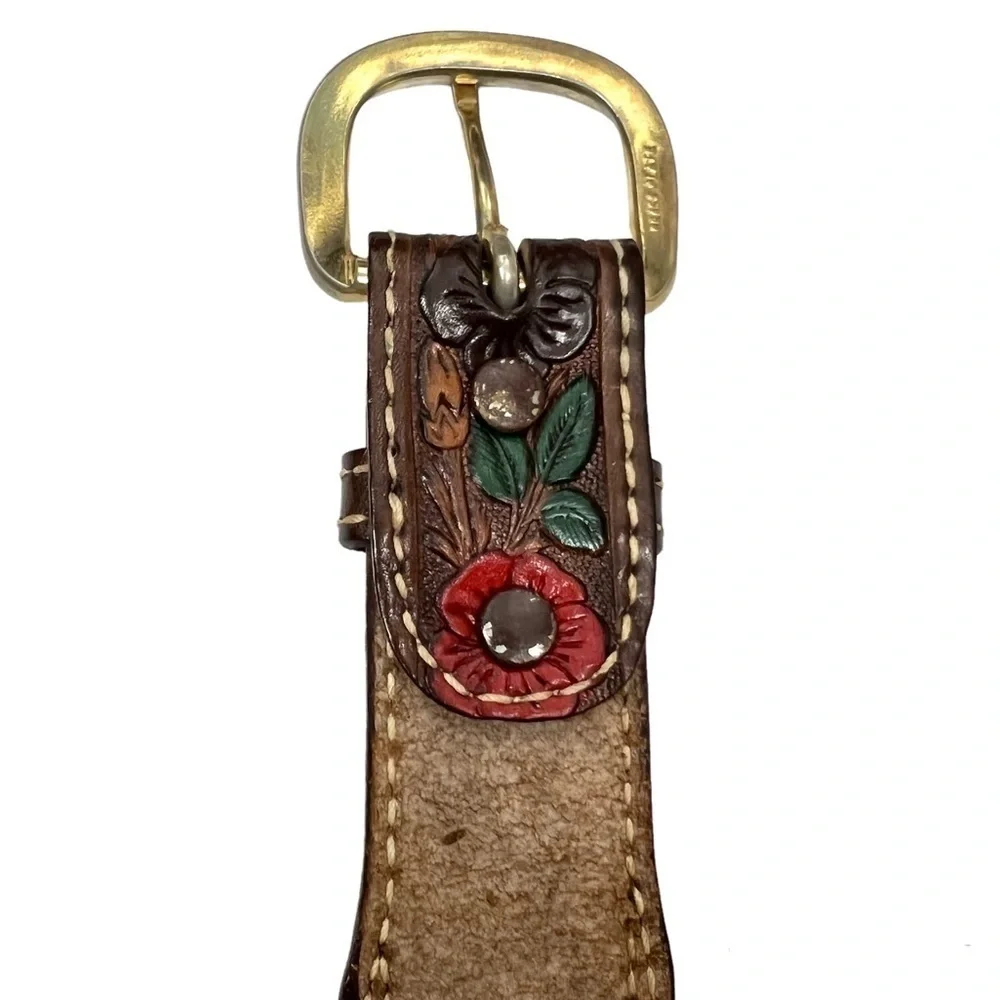 VINTAGE Belt Hand Tooled Leather “Debbie” Flowers Leaves Western Rodeo Texas